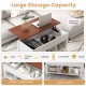 Lift top coffee table in white with hidden compartment and three open shelves, perfect for versatile home use.