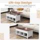 Lift-top coffee table in white with hidden compartment and storage shelves, perfect for versatile use in modern homes.