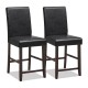 Set of 2 black counter height bar stools with padded seats and espresso finish, ideal for kitchens and cafes.