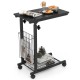 C-shaped rolling height adjustable side table with black finish top and lower mesh storage for books and snacks.