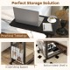 C-shaped rolling side table with black finish top and lower mesh shelf for extra storage, ideal for snacks and books.