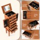 Vintage jewelry storage cabinet with top flip mirror, multiple drawers, and hooks for organized jewelry display.