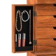 Vintage jewelry storage cabinet interior with hooks for necklaces and compartments for rings and lipsticks, featuring.