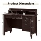 Dimensions of the brown PC laptop writing computer desk with spacious drawers and shelf for home or office use.