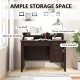 Brown PC laptop writing desk featuring a spacious desktop, four drawers, and a top shelf for ample storage space.