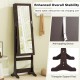 Full-length brown mirrored jewelry cabinet with LED lights, made of MDF, featuring lockable storage for accessories.