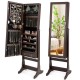 Lockable mirrored jewelry cabinet in brown with LED lights, featuring ample storage for rings, necklaces, and bracelets.