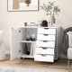 5-drawer white mobile storage cabinet with side door, ideal for office or living room, featuring smooth sliding rails.