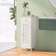 White wooden bathroom storage cabinet with shutter door, featuring raised bottom design to prevent water accumulation.