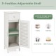 White wooden bathroom storage cabinet with adjustable shelves and shutter door for organized storage and air.