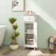 Slim white wooden bathroom storage cabinet with shutter door, adjustable shelf, and drawer for organized essentials.