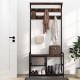 Multilevel coat rack stand with 9 hooks and shoe bench, featuring an industrial design, perfect for organized entryways.