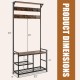 3-In-1 industrial coat rack stand with 9 hooks and shoe bench, featuring metal and engineered wood for stability.