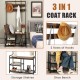 3-in-1 industrial coat rack stand with 9 hooks, shoe bench, and storage shelves for hallway or bedroom organization.