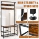 3-in-1 industrial coat rack stand with 9 hooks and shoe bench, featuring a robust metal frame and engineered wood for.