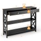 Black console table with 3 tiers and drawer, featuring an X structure for stability, ideal for entryway or living room.