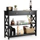 Black 3-tier console table with drawer and storage shelves, ideal for entryway or living room decor.