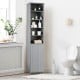 Tall gray bathroom storage cabinet with five shelves and a cupboard, perfect for maximizing space and organizing.