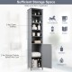 Tall gray bathroom storage cabinet with 5 open shelves and a cupboard, ideal for organizing toiletries and decorations.