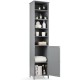 Tall gray bathroom storage cabinet with five shelves and a cupboard, perfect for compact space organization.