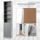 Tall gray bathroom storage cabinet with five shelves and a cupboard, featuring an anti-toppling design for safety.