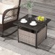 Gray outdoor patio side table with PE rattan storage, featuring a powder-coated steel frame and umbrella hole.