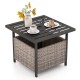 Gray outdoor patio side table with PE rattan storage, steel frame, and umbrella hole, perfect for deck relaxation.