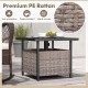 Gray outdoor patio rattan wicker side deck table with umbrella hole, featuring a sturdy steel frame and storage.