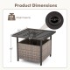 Gray outdoor patio side deck table with umbrella hole, made of PE rattan and steel, measures 22"x22"x18".