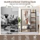 Free-standing clothes rack with metal frame, featuring 5 shelves and a hanging rod for organized storage of clothes and.