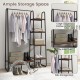 Free-standing clothes rack with metal frame, 5 shelves, and hanging rod for versatile storage of garments and shoes.