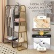Detail view of the sturdy MDF board and triangular metal frame of the free-standing clothes rack, ensuring durability.