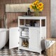 Freestanding white bathroom floor cabinet with double shutter doors, adjustable shelves, and open storage for towels.