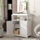 Freestanding white bathroom cabinet with double shutter doors, adjustable shelves, and smooth metal knobs for versatile.