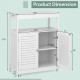 Dimensions of the white freestanding bathroom floor cabinet with double shutter doors and adjustable storage shelf.