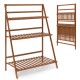 3-tier foldable bamboo ladder shelf in brown, ideal for indoor and outdoor plant display and storage.