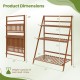 3-tier bamboo ladder shelf with dimensions, featuring a foldable design for indoor and outdoor plant display.