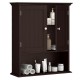 Wall-mounted brown bathroom cabinet with adjustable shelves and doors, perfect for organizing toiletries and towels.