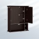 Wall-mounted brown bathroom cabinet with adjustable shelves and two doors, ideal for space-saving storage solutions.