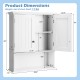 Wall-mounted white bathroom cabinet with adjustable shelves and two doors for organized storage in small spaces.