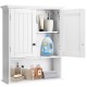 Wall-mounted white bathroom cabinet with two doors and adjustable shelves for organized storage of toiletries and.