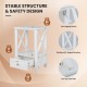 White 2-tier nightstand with storage drawer, X-shaped structure, and anti-toppling device for stability and safety.