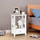 White 2-tier nightstand with storage drawer, open shelf, and X-shaped design for versatile use in any room.