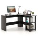 L-shaped black computer desk with 2-tier shelves, spacious surface for dual monitors, and cable management for a tidy.
