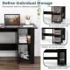 L-shaped black computer desk with 2-tier shelves, ideal for office documents and maximizing corner space.