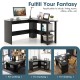 L-shaped black computer desk with 2-tier shelves, spacious surface for monitors, ideal for home office or study.