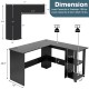 L-shaped black computer desk with dimensions, featuring a spacious desktop and 2-tier storage shelves for efficient.