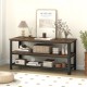 3-tier industrial TV stand with a metal mesh shelf, featuring rustic wood and ample storage for living room decor.