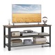 3-tier industrial entertainment TV stand with metal mesh shelf, durable wood and metal, suitable for TVs up to 50.