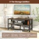 3-tier industrial entertainment TV stand with wooden shelves and metal mesh shelf, perfect for living room storage.